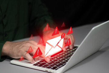 Email inbox alert and spam virus with warning, email security protection alert, new email...
