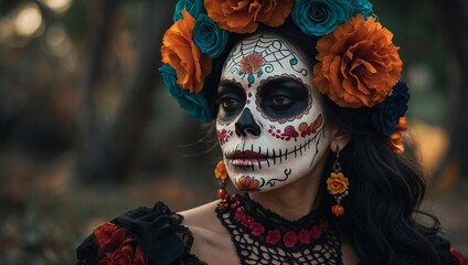 Mexican woman catrina with sugar skull flower makeup in black dress closeup