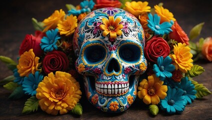 Mexican Festival dia de los muertos Sugar Skull Decoration with flowers