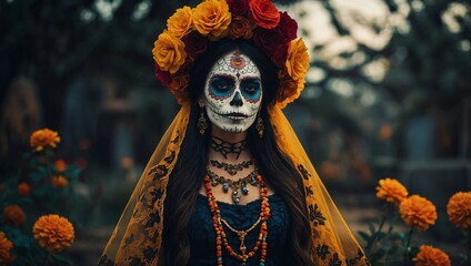 Mexican woman catrina with sugar skull orange flower makeup in garden