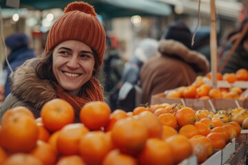 Fototapeta premium Smiling woman buying tangerines at farmers market
