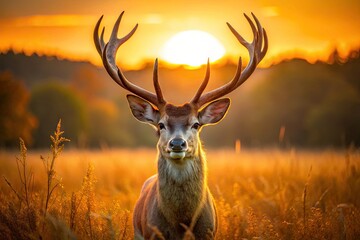 A Close-Up Shot Of A Majestic Buck Standing In A Field, Its Antlers Spreading Proudly Against A Golden Sunset