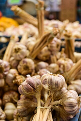 Garlic, garlic cloves at Holesovice Market, Holesovicka trznice in Prague, lively marketplace with...