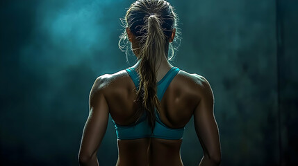 Obraz premium A woman with long hair tied back and wearing a blue sports bra, turns her back to the camera. She has toned muscles and is in a smoky setting.