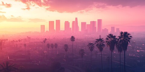 Fototapeta premium A hazy pink sunset over a city skyline with palm trees in the foreground.
