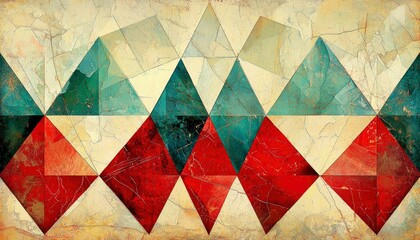 Abstract Geometric Pattern with Red and Green Triangles on a Cracked Background