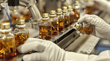 Closeup of a hand in white glove inspecting amber liquid in glass bottles on a conveyor belt.