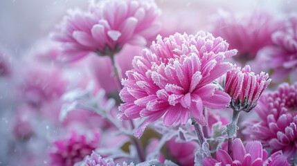 autumn blooming purple chrysanthemum flowers covered with snow. frozen flowers covered with frost.