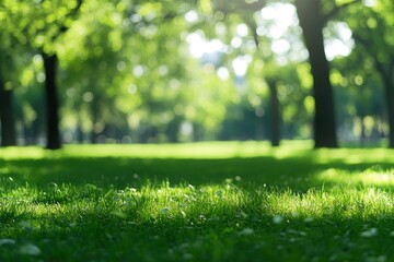 City lawn view. Green nature in spring eco garden. Summer abstract blur background. Urban trees leaves Light blurry out focus bokeh. Soft plant. with generative ai