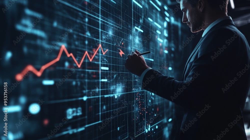 Poster businessman analyzing a declining graph on a digital screen in a dark room. financial crisis and mar
