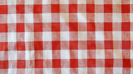 Red and white checkered tablecloth. Top view table cloth texture background. 