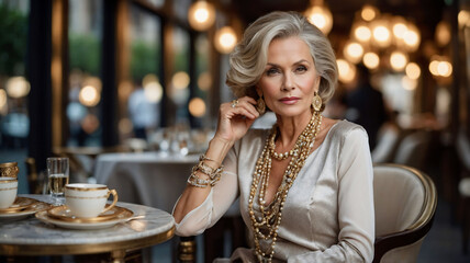 Elegant rich old woman wearing sunglasses, luxury clothes is sitting in restaurant with coffee. Elderly sophisticated woman