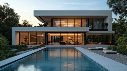 Fototapeta premium Sleek Minimalist Villa with Rectangular Pool and Manicured Gardens