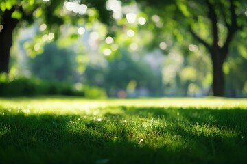 City lawn view. Green nature in spring eco garden. Summer abstract blur background. Urban trees leaves Light blurry out focus bokeh. Soft plant. with generative ai