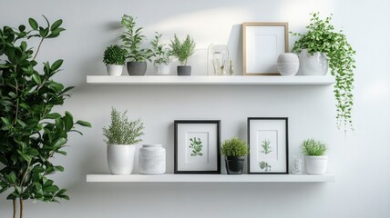 Fototapeta premium Floating Shelves on White Wall Adorned with Picture Frames, Potted Plants, and Decorative Vases for a Chic Display