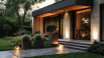 Fototapeta premium Modern Cubic Villa with Wooden Facade and Geometric Planters