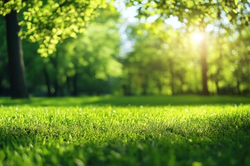 Naklejka premium City lawn view. Green nature in spring eco garden. Summer abstract blur background. Urban trees leaves Light blurry out focus bokeh. Soft plant. with generative ai