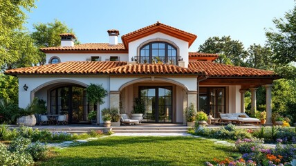 Obraz premium Luxurious Mediterranean-Style Home with Terracotta Roof, Arched Doorways, and Lush Lawn