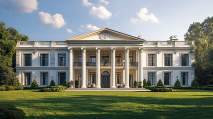 Fototapeta premium Newly Built Colonial-Style Mansion with Grand White Facade, Towering Columns, and Expansive Green Lawn
