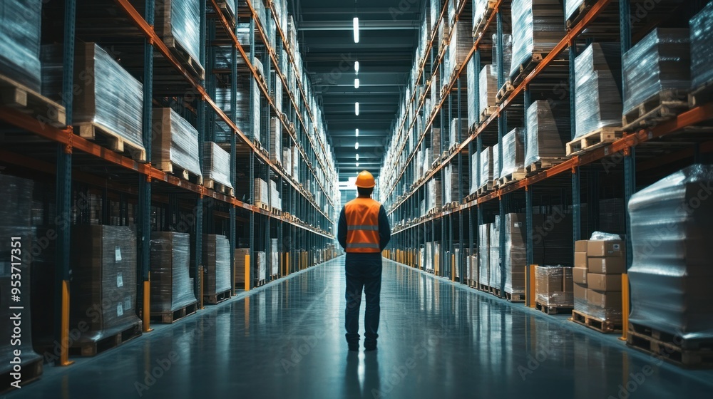 Poster a lone worker in a large warehouse aisle with stacked pallets