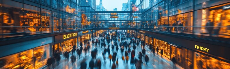 People walking through a busy city street at night, black friday , sale discount concept, banner, copy space