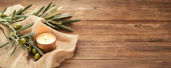 Cozy wooden table with a natural cloth, olive branches, and a candle, creating a warm, rustic vibe.