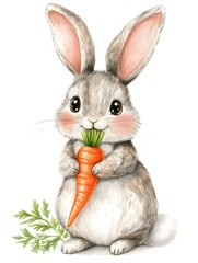 Obraz premium Adorable Bunny Rabbit Holding Vibrant Orange Carrot with Expressive Eyes and Playful Expression