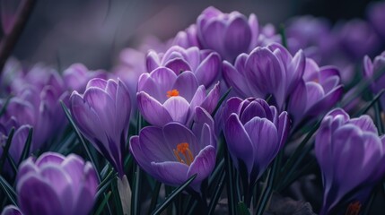 Obraz premium A beautiful purple tulip field with bright green foliage and a few pink buds in the foreground.