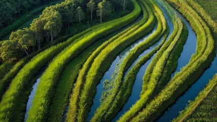 Irrigation canals flowing through green farmland creating a beautiful pattern