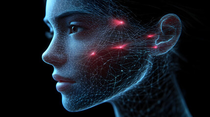 A woman's face, rendered as a digital mesh with red highlights, against a dark background.