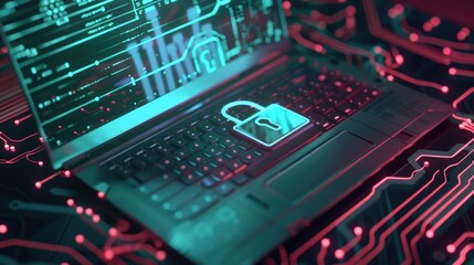 Fototapeta premium The laptop is a high-tech device with a lock screen and password protection, emphasizing the importance of cyber security in today's digital age.