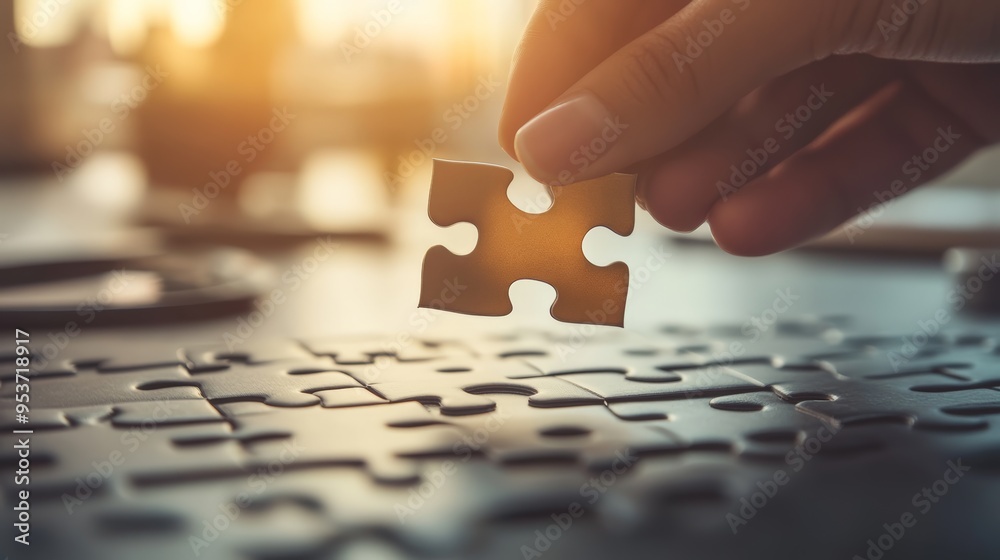 Poster Hand holding a puzzle piece in a warm light setting. Represents problem-solving and strategic thinking in business.
