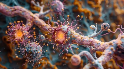 Depict the role of glial cells in supporting and protecting neurons, showing how astrocytes provide structural support and oligodendrocytes form