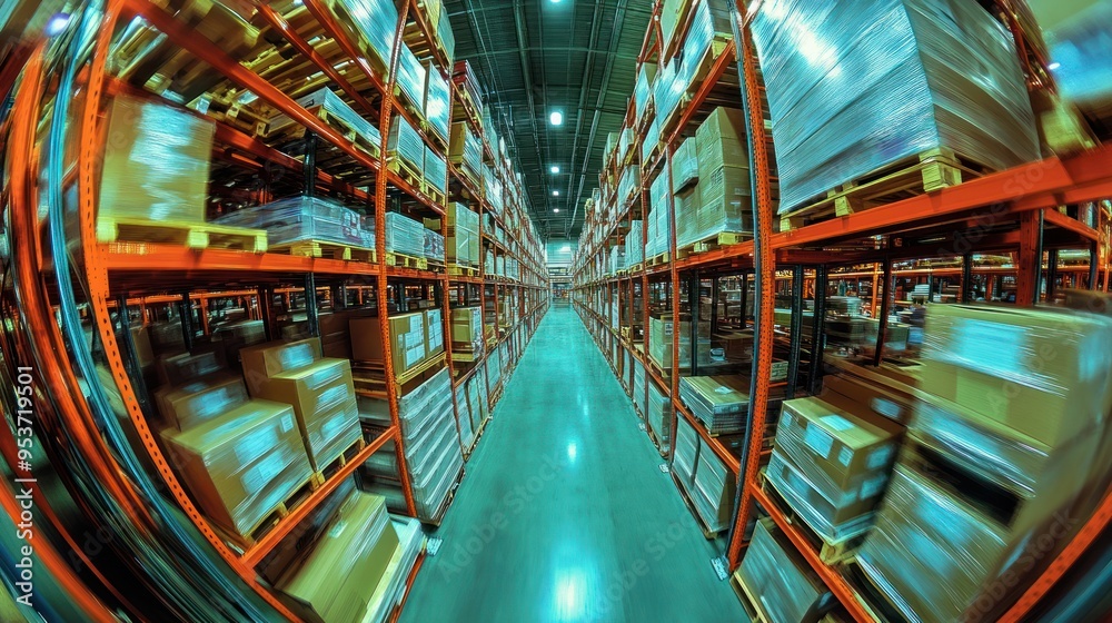 Aufkleber warehouse rows of cardboard boxes with a fish-eye lens effect