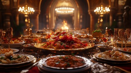 Fototapeta premium A table set with golden plates, glasses, and silverware in a grand hall, with food such as vegetables, bread, and seafood, is ready for a grand celebration.