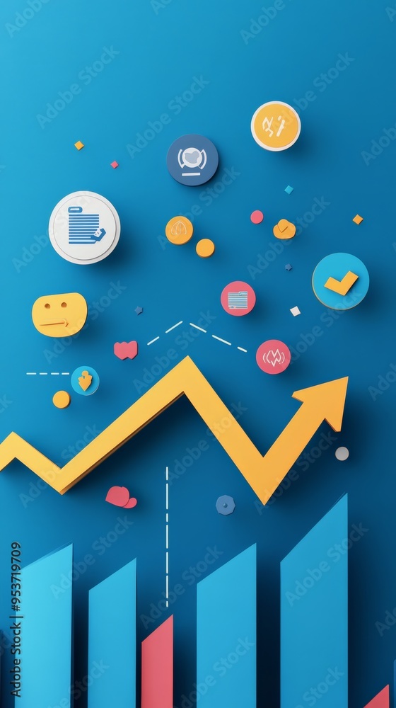 Poster creative 3d business graph with a yellow upward arrow on a blue background with scattered business i