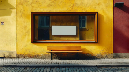 A wooden bench sits in front of a large storefront window with a blank sign, against a yellow wall.