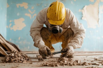 A construction worker in safety gear carefully removes debris in a renovation project, showcasing effort and focus on restoration.