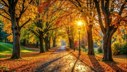 Fototapeta premium Golden autumn park pathway with fallen leaves and sunlight