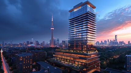 Obraz premium Design a sophisticated high-rise condo with panoramic views of Torontos skyline, including the iconic CN Tower and bustling streets bustling