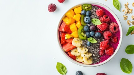 A colorful acai bowl topped with fresh fruits and seeds, placed on a white surface with room for copy.