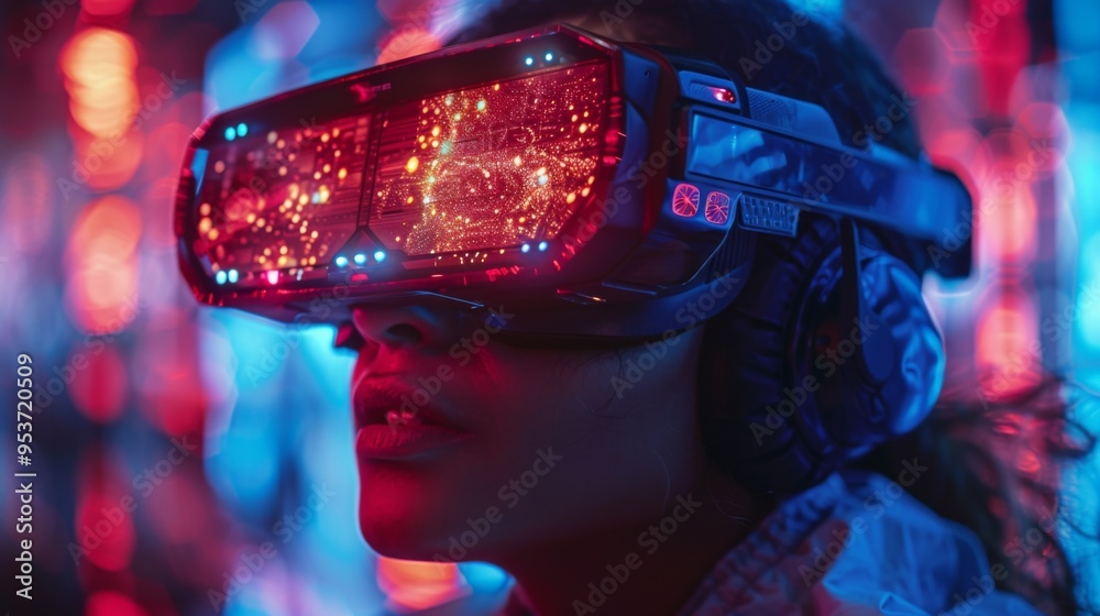 Poster design a visually captivating scene featuring users wearing vr goggles while engaging with dynamic a