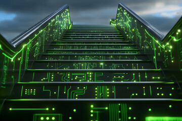 Obraz premium A stairway leading up to the top of an ancient alien building, made from black and green circuit board materials, glowing with energy, with vibrant lighting 