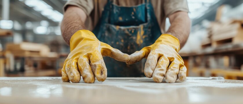A craftsman delicately shapes clay on a work surface, showcasing the art of pottery with focus and skill.