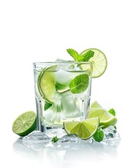 A tall glass of effervescent water with lime slices and mint leaves garnish.
