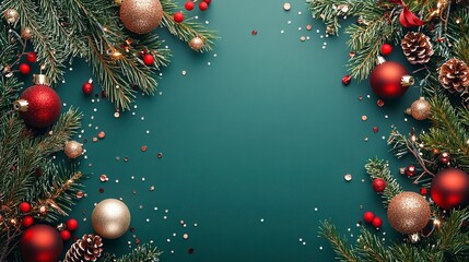 Merry Christmas.Stylish christmas border with festive decorations, confetti, fir branches on green background. Christmas flat lay, seasons greetings card template, space for text.