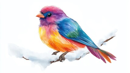 Christmas bird with vibrant festive feathers, perched on a snowy branch, watercolor style