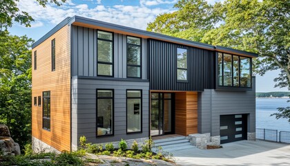 Modern home with wood and metal siding overlooking the water.