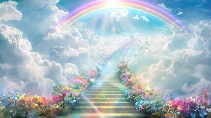 a grand rainbow bridge leading to a staircase ascending into the sky