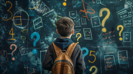 A boy stands in front of a blackboard with question marks and math problems